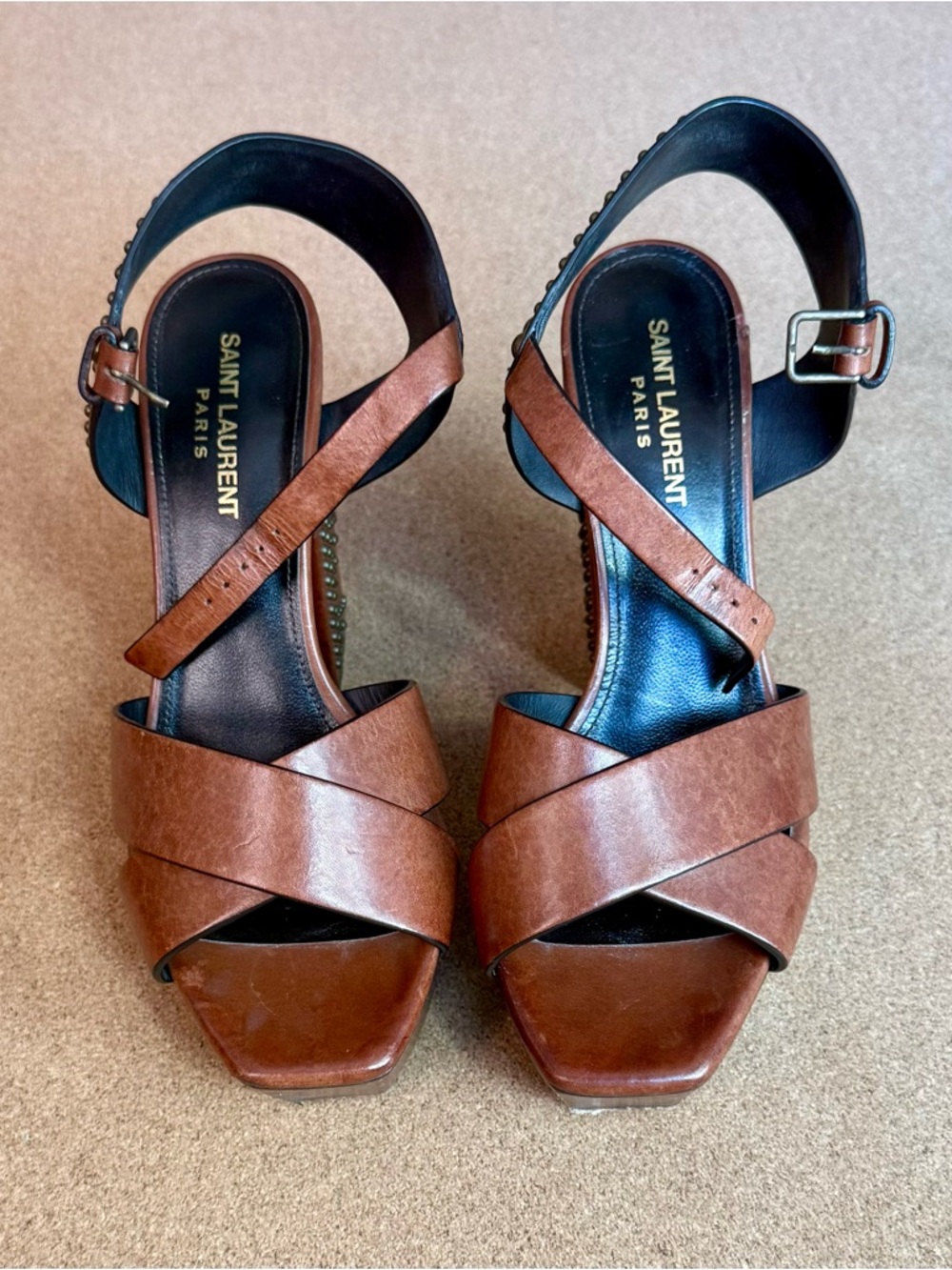 Saint Laurent Brown Leather Cross-Strap Heels